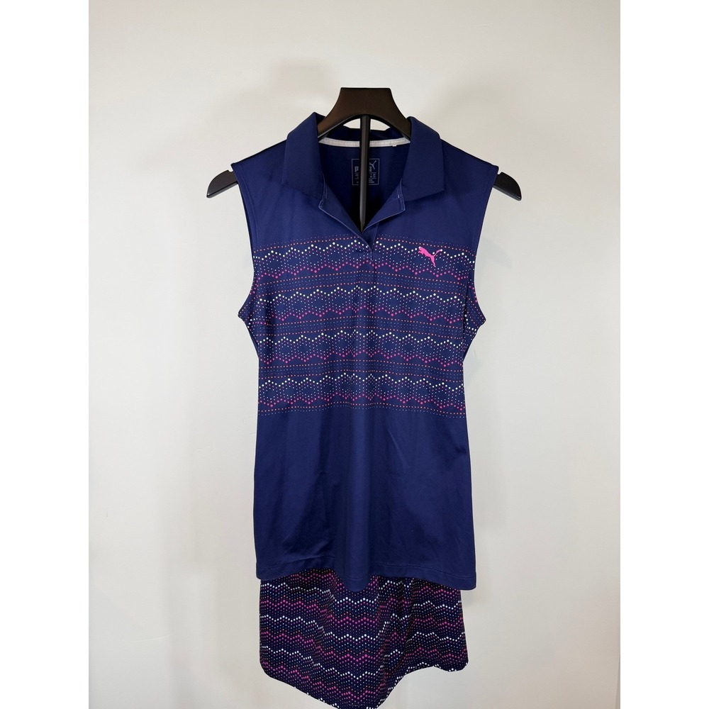 Puma Golf Womens 2 Piece Set Sleeveless Polo Shirt Skort Navy Pink Polka Dot L